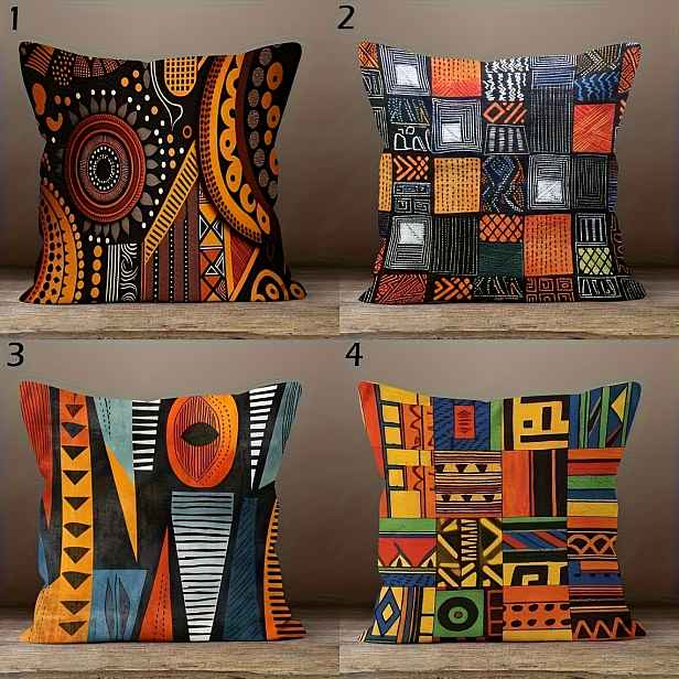 TEMU Sada 4 ks, Čtvercové povlaky na polštáře ve stylu afrického kmenového umění. S geometrickými vzory, abstraktními liniemi a dalšími prvky, které