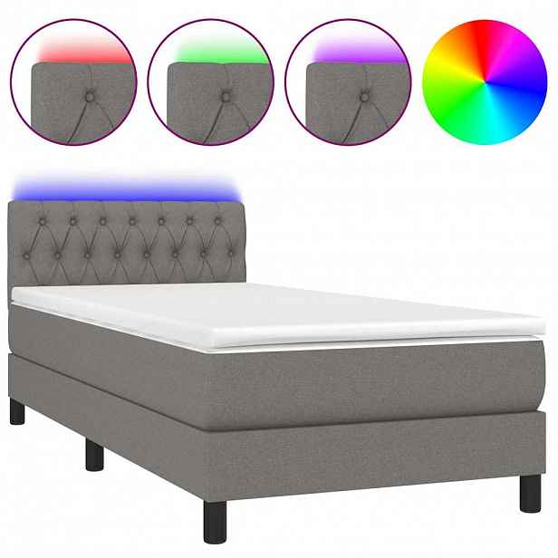 vidaXL Box spring postel s matrací a LED tmavě šedá 90x190 cm textil