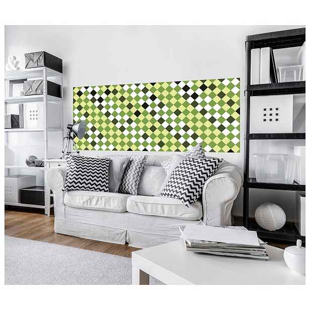 Tapeta Geometrické kosočtverce zeleno-černo-bílé Šachovnice 250x104 lepidlo