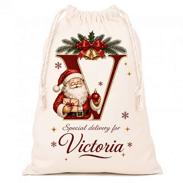 TEMU Personalizovaná vánoční plátěná dárková taška s monogramem a jménem, 26 ks monogramových písmen, velká vánoční sádek s malbou vzoru na míru,