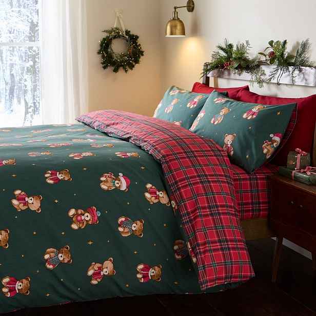 Červené/tmavě zelené dětské povlečení na jednolůžko 120x150 cm Christmas Tartan Teddy Bear – Catherine Lansfield