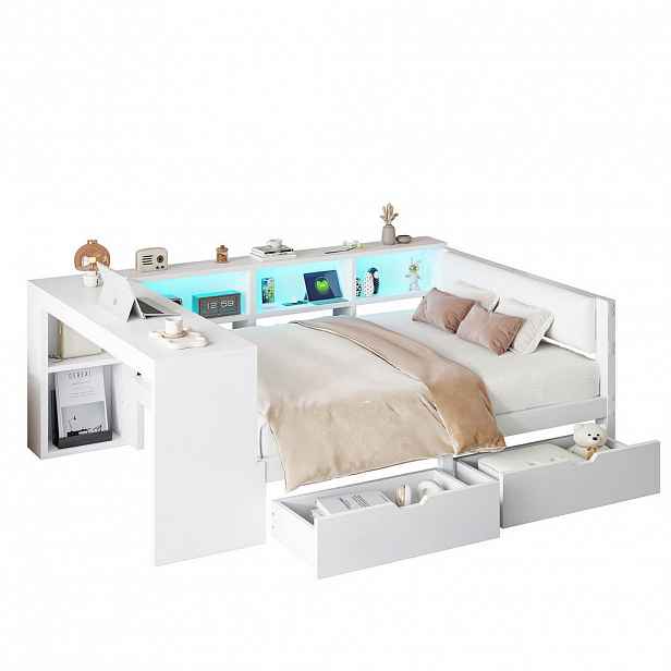 OKWISH POSTEL 140/200 cm bílá z MDF a překližky s úložným prostorem, USB a LED osvětlením