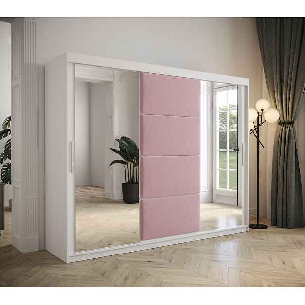 Šatní skřín Tempica 250cm se zrcadlem, bílá/růžový panel