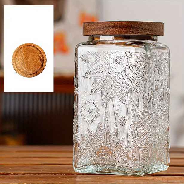 TEMU 1ks Vintage skleněná dóza 1000 ml, dózy na cukroví s víčky, nádoba na potraviny s vzduchotěsným dřevěným víčkem, přenosné průhledné kanystry na