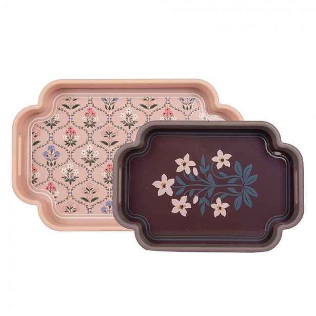 Set 2ks růžový a hnědý dřevěný podnos s květy - 46*30*5 / 35*24*5 cm Clayre & Eef