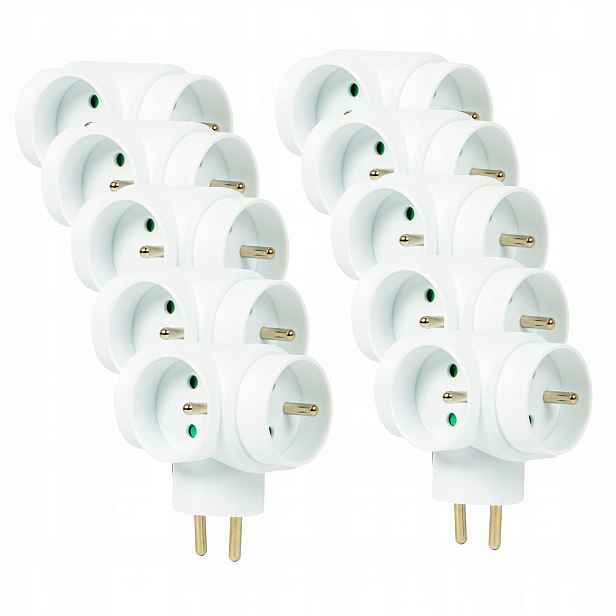 10x Rozdělovač T-rozdělovač Rozdvojka 3 Zásuvky S Uzemněním 230V Bílý R-31
