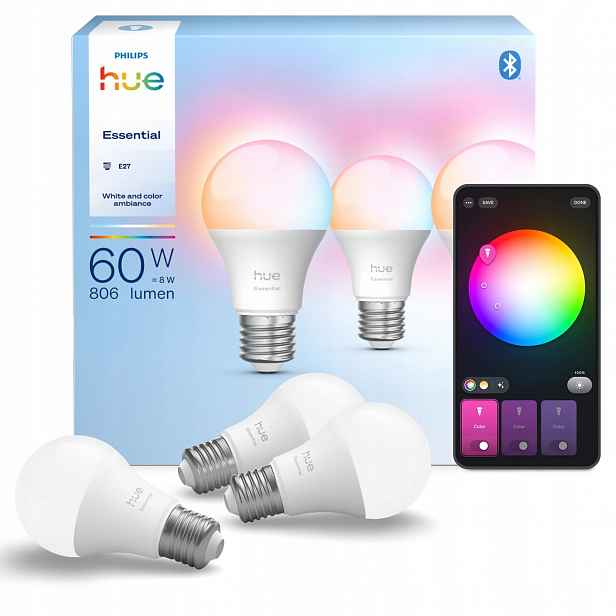 Led žárovka E27 8W 806lm Cct Rgb Inteligentní Philips Hue Essential 3 ks