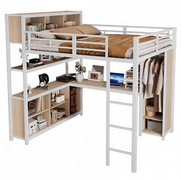 CHICFURN VYVÝŠENÁ POSTEL 140/200 cm v bílé a přírodní barvě s psacím stolem a skříní