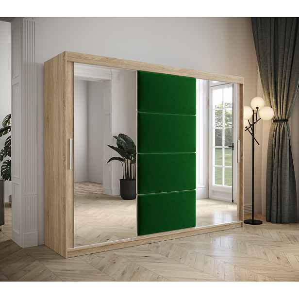 Šatní skřín Tempica 250cm se zrcadlem, sonoma/zelený panel