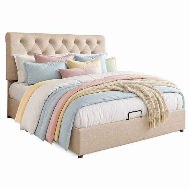 CHICFURN ČALOUNĚNÁ POSTEL 140/200 cm v přírodní barvě s úložným prostorem a nastavitelným čelem