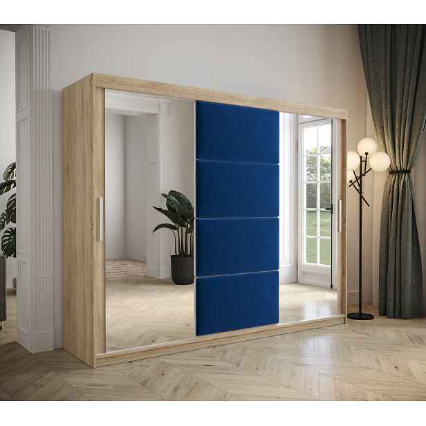Šatní skřín Tempica 250cm se zrcadlem, sonoma/modrý panel