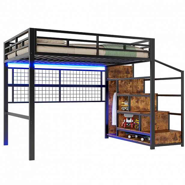 FLIEKS VYVÝŠENÁ POSTEL 140x200cm Kov Skříň LED Černá