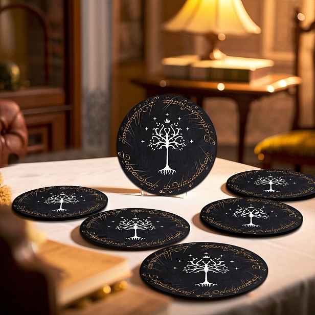 TEMU 6 kusů dřevěných podložek The of the Rings, 3,74x3,74 palce - Odolné, novinkové stromové designy s zlatými akcenty, ideální pro domácnost, bar,