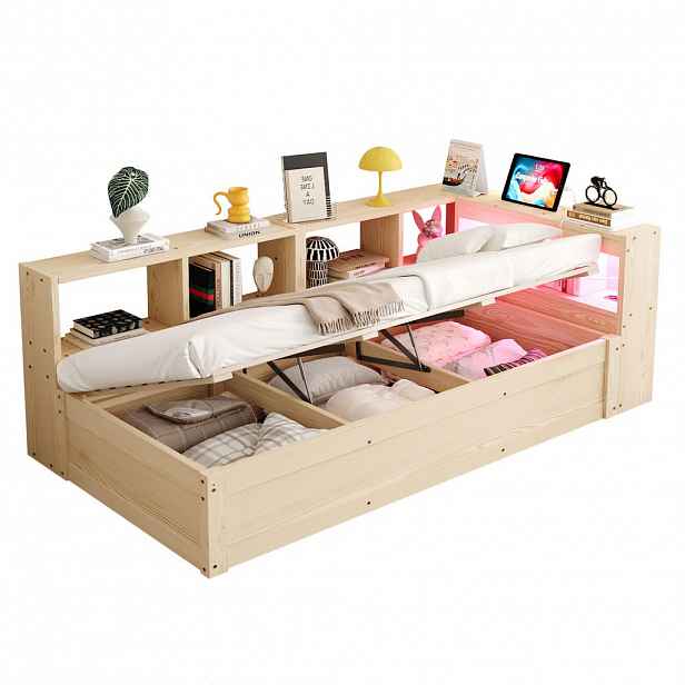 CHICFURN POSTELOVÝ RÁM 90/200 cm v přírodní barvě s úložným prostorem, LED a zásuvkou
