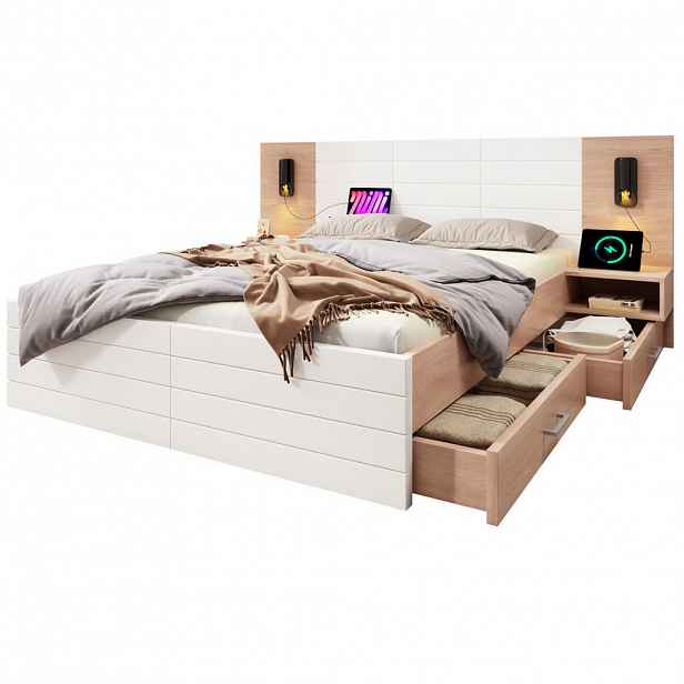 OKWISH MANŽELSKÁ postel 160/200 cm bílá/světlý dub z masivu a MDF s USB a osvětlením