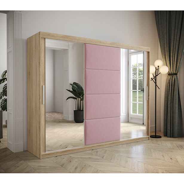 Šatní skřín Tempica 250cm se zrcadlem, sonoma/růžový panel