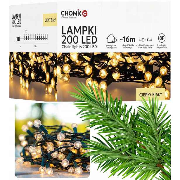 Lampičky na osvětlení vánočního stromku Cherry Ball 200LED teplá barva 16 m venkovní