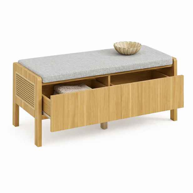 STILVORA LAVICE NA BOTY v přírodní a šedé barvě, sedací skříňka s ratanovým výpletem a zásuvkami do předsíně, 113×45,5×40 cm