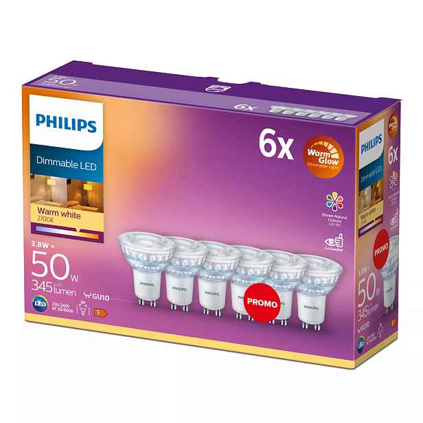 6x Led žárovka GU10 3.8W 50W CRI90 36° Stmívatelná WarmGlow Philips