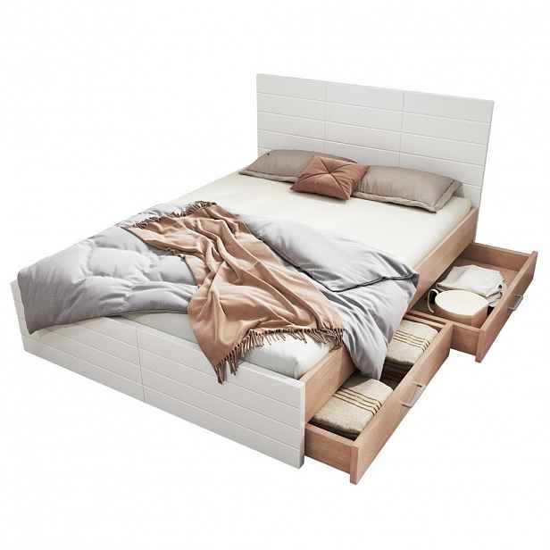 OKWISH DVOJLŮŽKO 180/200 cm bílá a dub z masivního dřeva a MDF se zásuvkami a roštem
