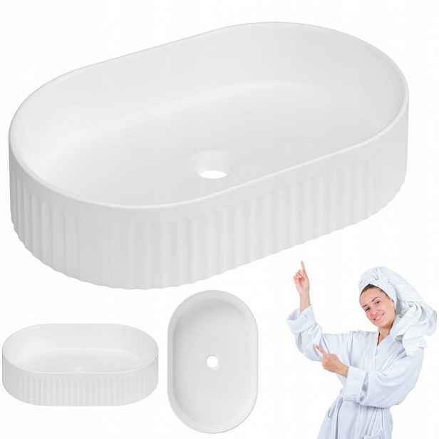 Umyvadlo Na Desku rýhované oválné Invena Glamour Trend 50 cm bílý lesk