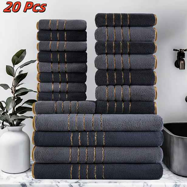 TEMU 20ks Prémiová Sada Ručníků se Zlatým Lemem, Včetně 4ks Ručníků 70x140cm/27,5x55in, Osmi Ručníků 35x75cm/13,7x29,53in a Osmi Ručníků