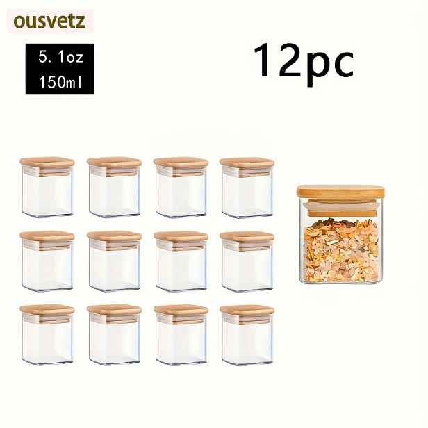TEMU Sada 12 ks skleněných nádob na potraviny s bambusovými víčky, vzduchotěsné průhledné sklenice do spíže, stohovatelné kuchyňské nádoby na koření,
