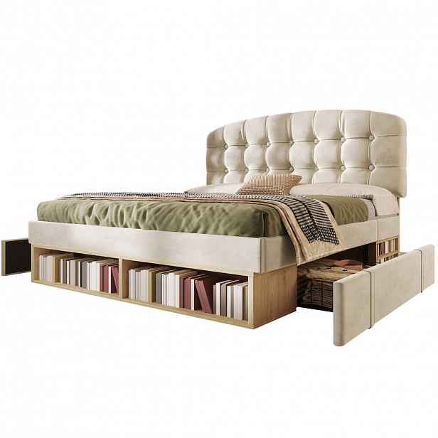 CHICFURN ČALOUNĚNÁ POSTEL 140/200 cm v béžové barvě se sametovým potahem, úložnými prostory a zásuvkami