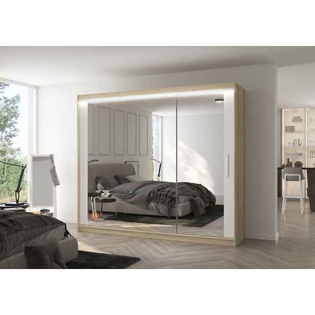 Velká zrcadlová skříň 250 cm s LED osvětlením CALRA - dub sonoma / bílá