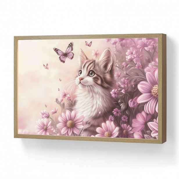 OnlyWow NÁSTĚNNÁ LAMPA S AKUMULÁTOREM Koťátko - Květiny - Motýli - Fialová 60x40 cm