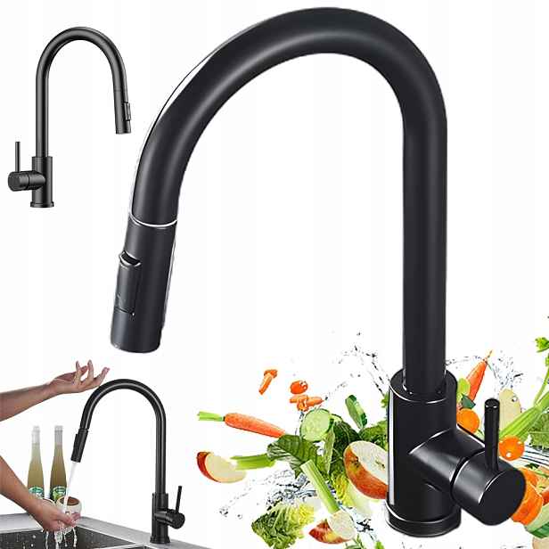 Kuchyňská Baterie Výsuvný Kohoutek 360° Hadice 3/8 80 CM 2 Režimy Černá
