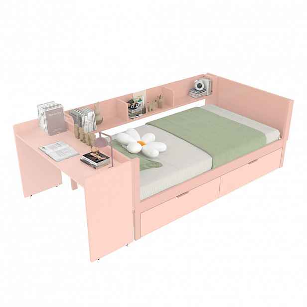 CHICFURN DĚTSKÁ POSTEL 90/200 cm v růžové barvě s psacím stolem, 2 zásuvkami a 3 policemi