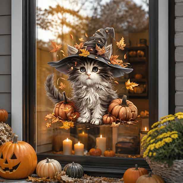 TEMU 1 ks Halloweenská roztomilá samolepka na okno s kouzelnickou čepicí a koťátkem, podzimní samolepka na sklo s javorovým a dýní, odnímatelná