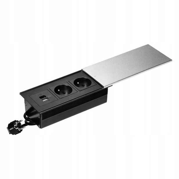 Nábytková zásuvka s posuvným víkem, 2x2P+Z (French), Usb A+c, stříbrná