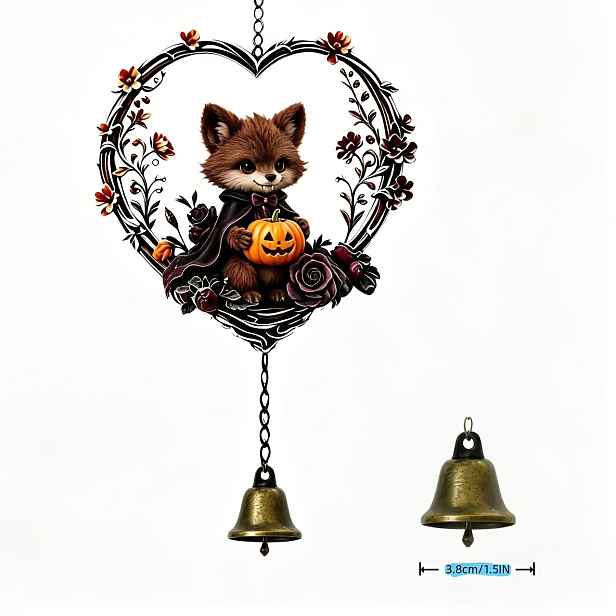 TEMU [2D Plochý] Podzimní Květinový Srdcový Rám Halloween Akrylátová Malá Liška Zvonkohra s Zvonkem Dekorativní Závěsná Ozdoba. Ručně Sestavovaný