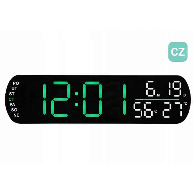 Zelený Budík Led Jvd SB5512.2, Teploměr, Vlhkoměr, Dny V Češtině
