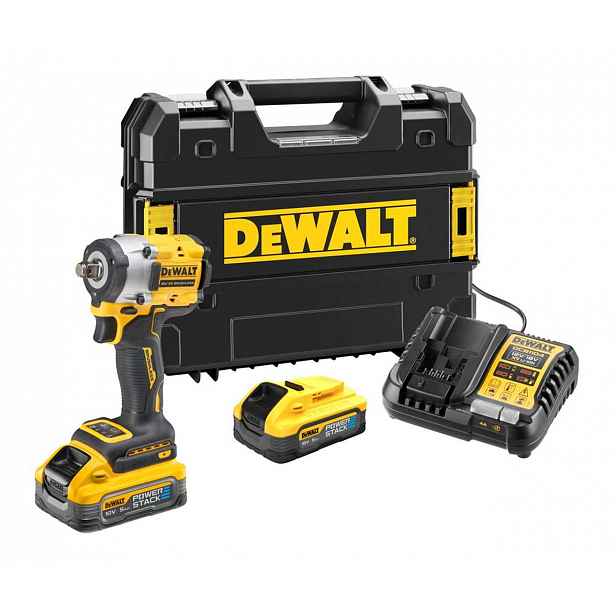 DeWALT - 18V AKU rázový utahovák, 2x aku 5,0 Ah POWERSTACK, nabíječka DCF921H2T