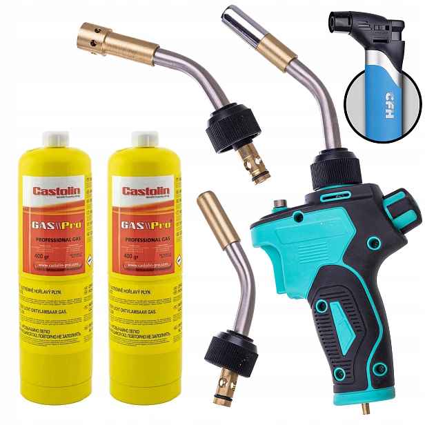 Plynový hořák Mapp Propan 2x Láhev Castolin Pájení 3 Trysky Piezo Cfh