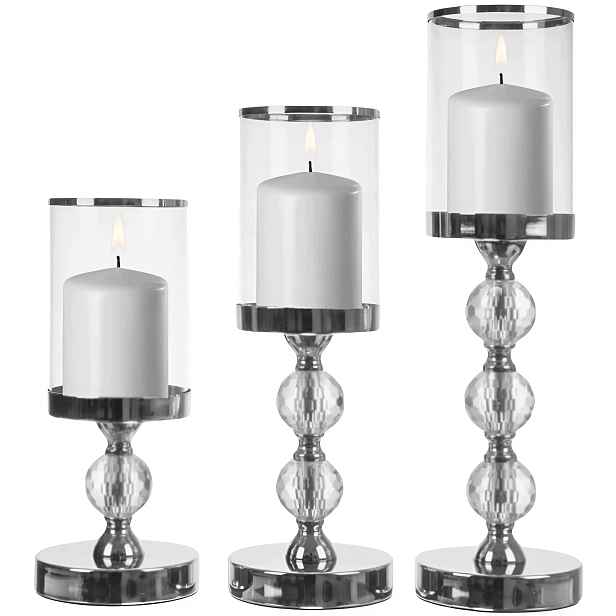3 x Svícen Komplet Kovový Skleněný Lampion Stříbrný Dekorace Glamour