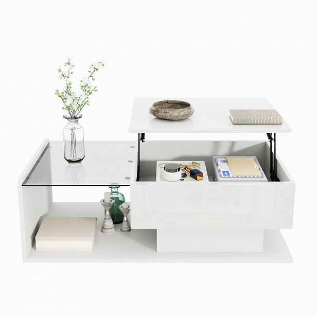 STILVORA KONFERENČNÍ STŮL v bílé barvě s LED efektem a skleněnou deskou do obýváku, 100×50×33/47,5 cm