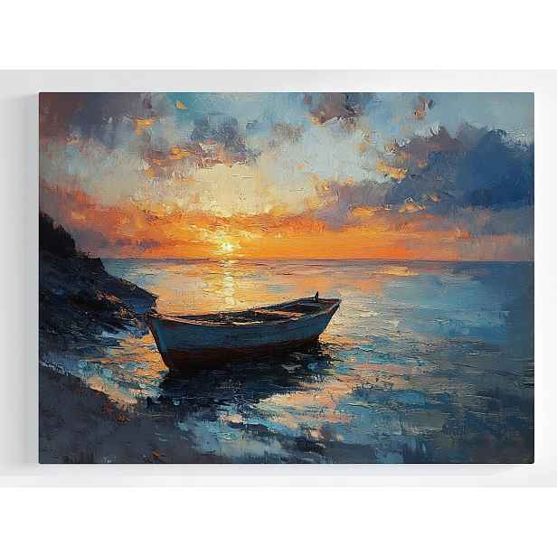 Plakát Krajina Moře Pláž Loď Loďka Slunce Západ 100x75