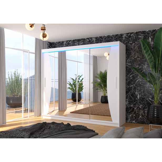 Velká skříň se zrcadlem a LED osvětlením 250 cm CANLIA - bílá