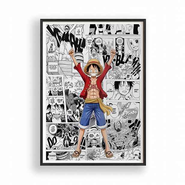 Obraz One Piece Luffy Manga Anime Plakát Rámeček Dřevěný Černý 30x42 cm