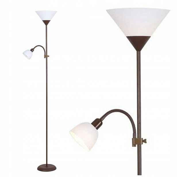 Podlahová lampa Action hnědá klasická vedle křesla v obývacím pokoji Rabalux
