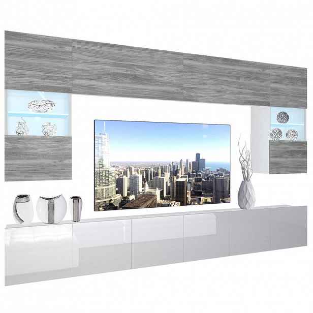 B BELINI GROUP OBÝVACÍ STĚNA Sestava skříní s LED Glamour dřevo / Bílá
