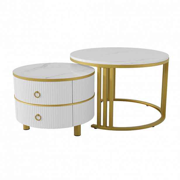 STILVORA SET KONFERENČNÍCH STOLŮ v bílé barvě se 2 zásuvkami a mramorovým dekorem, 70×70×46 cm