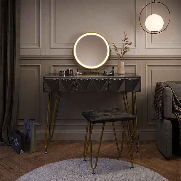 Vicco TOALETNÍ STOLEK Ruby Černá 100 cm s LED zrcadlem a taburetem
