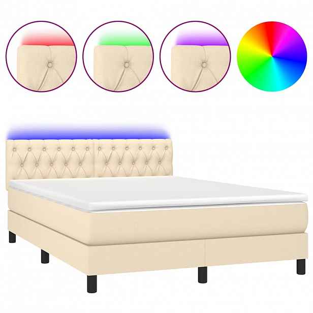 vidaXL Box spring postel s matrací a LED krémová 140x190 cm textil