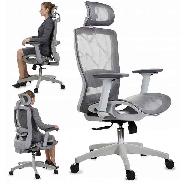 Ergonomická šedá pohodlná kancelářská židle s nastavitelnými područkami a opěrkou hlavy