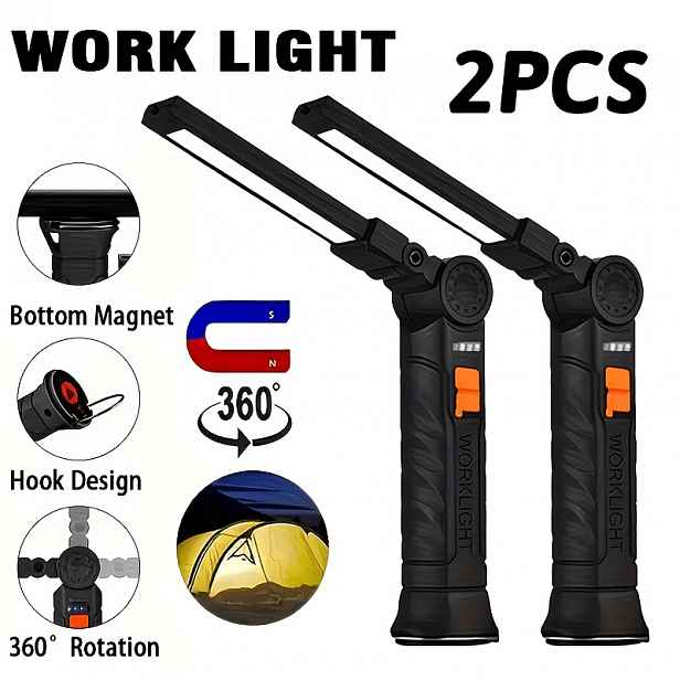 TEMU 1/2ks Výkonných Ručních LED Svítilen s Magnetickou Základnou a Hákem, USB Dobíjecí, Režimy, Vhodné pro Noční Trhy, Staveniště, Údržbové Hlídky a